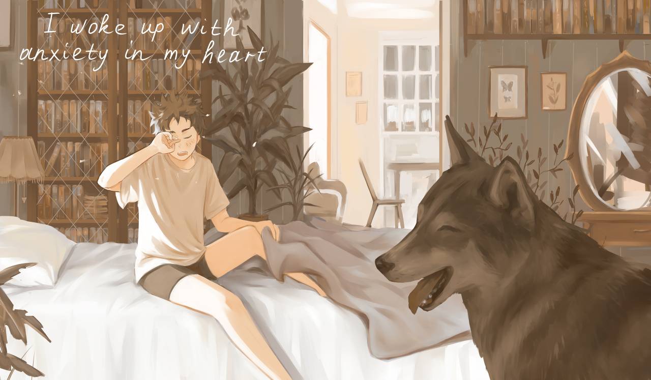 1boy, ^_^, bed, bedroom, black_shorts, blanket, blush_stickers, bookshelf