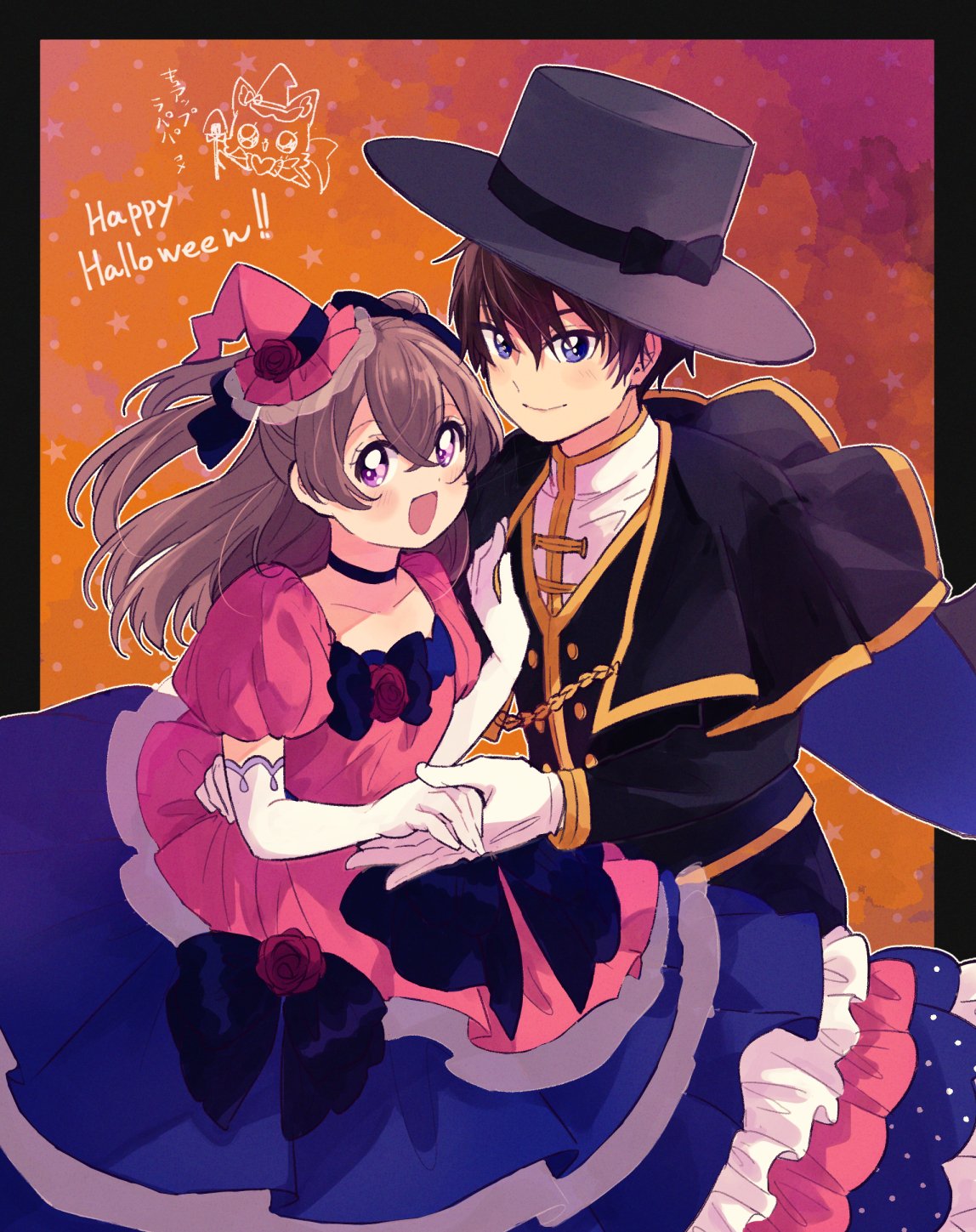 1boy, 1girl, arm_around_waist, black_bow, black_capelet, black_choker, black_headwear, black_jacket