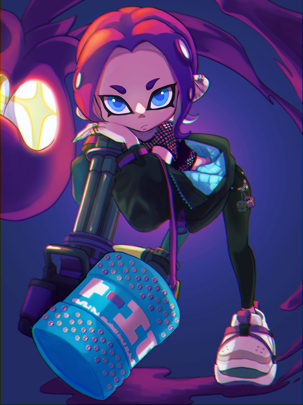 +_+, 1girl, black_jacket, black_pants, blue_eyes, commentary_request, earrings, gradient_background