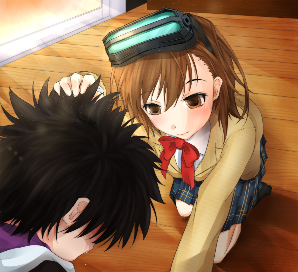 1boy, 1girl, arm_up, black_hair, blazer, blush, bow, bowtie, brown_hair, brown_jacket, closed_mouth, commentary_request, crying, empty_eyes, hair_between_eyes, hand_on_another's_head, head-mounted_display, indoors, jacket, kamijou_touma, light_smile, long_sleeves, looking_at_another, looking_down, medium_hair, miniskirt, misaka_imouto, misaka_network_sotai, plaid, plaid_skirt, pleated_skirt, red_bow, red_bowtie, scene_reference, school_uniform, shin_(highest1192), shirt, short_hair, skirt, spiky_hair, spoilers, teardrop, tears, toaru_majutsu_no_index, toaru_majutsu_no_index:_new_testament, tokiwadai_school_uniform, white_shirt, wooden_floor