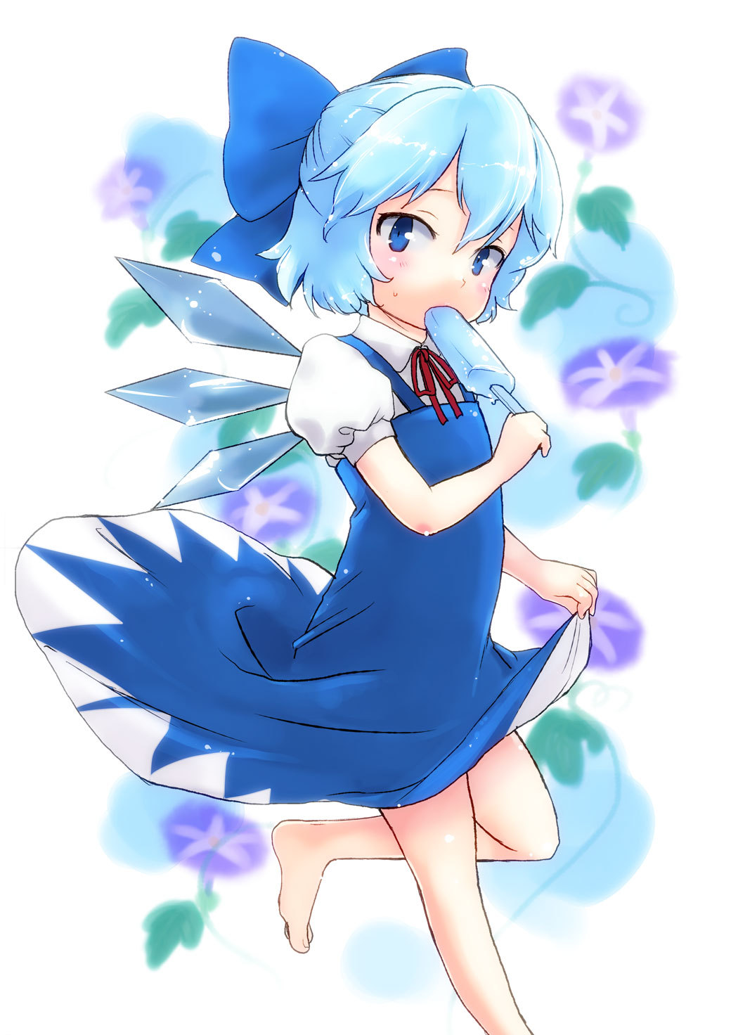 barefoot, blue_eyes, blue_hair, bow, buri, cirno, hair_bow, highres