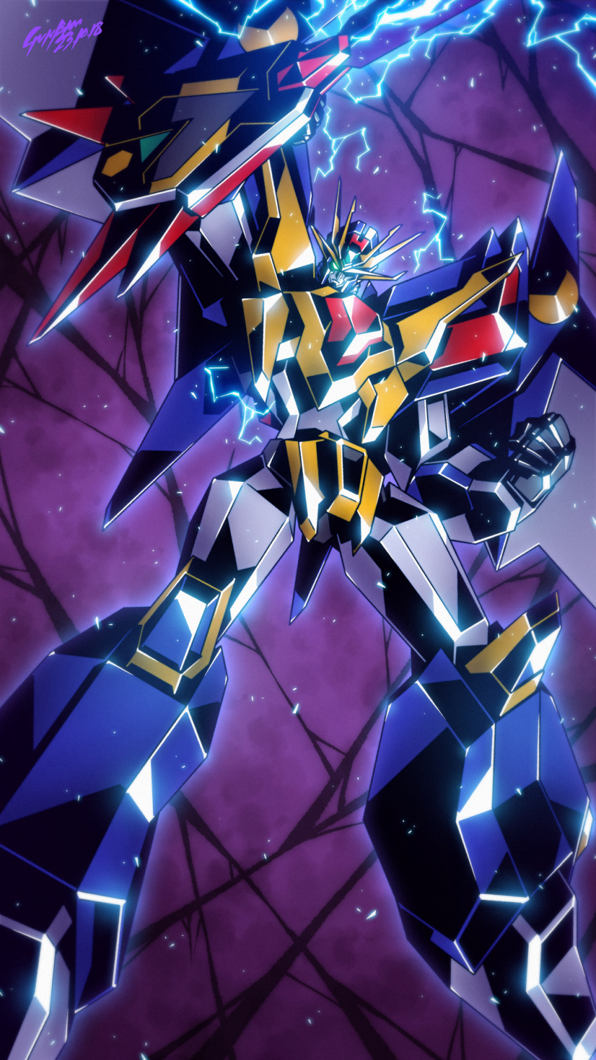 babamba, floating, gattai, god_raijin-oo, highres, lightning, mecha, no_humans, robot, simple_background, sunrise_(company), super_robot, sword, weapon, zettai_muteki_raijin-oo