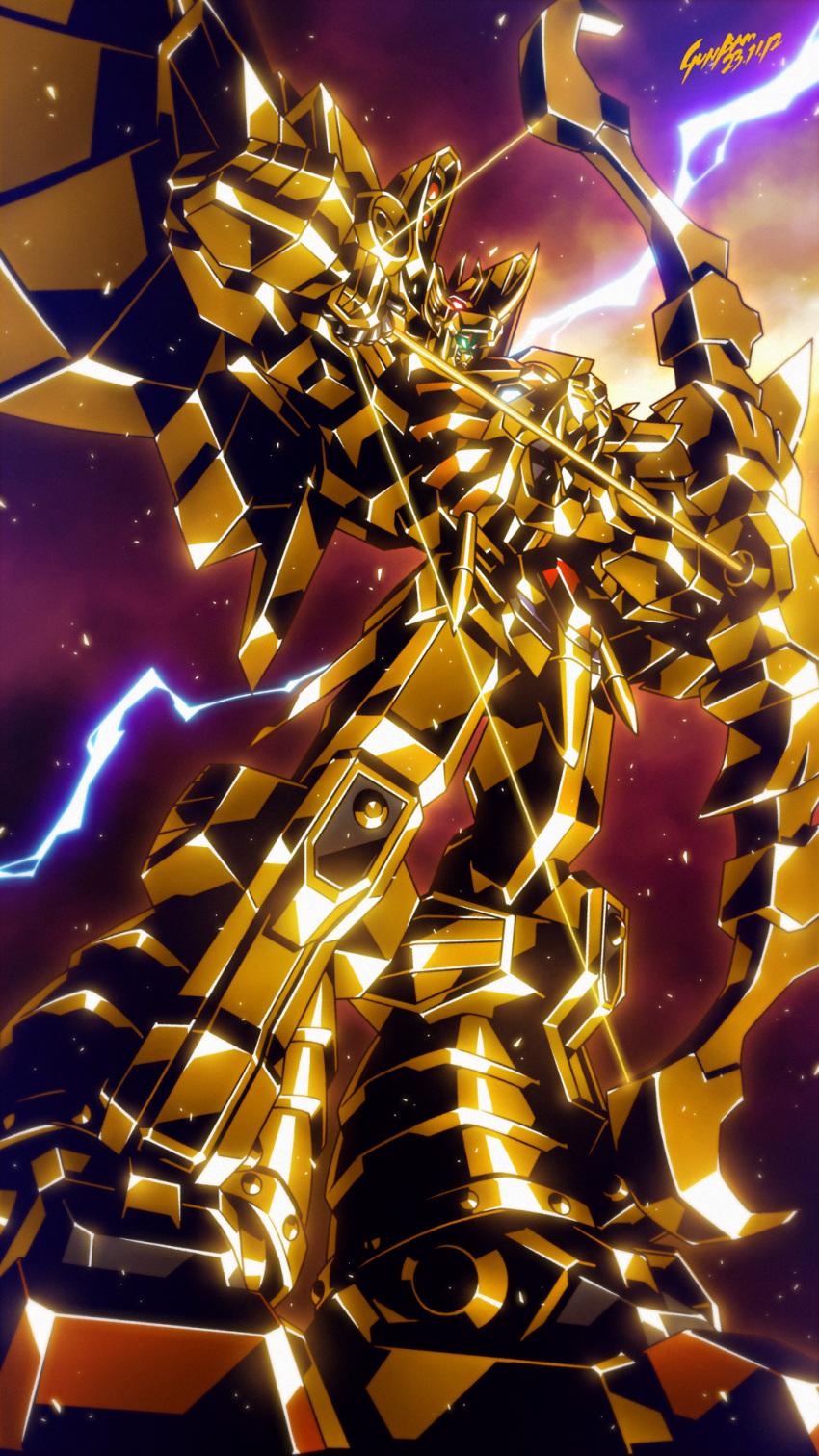 babamba, bow_(weapon), gattai, great_goldran, highres, lightning, mecha, no_humans