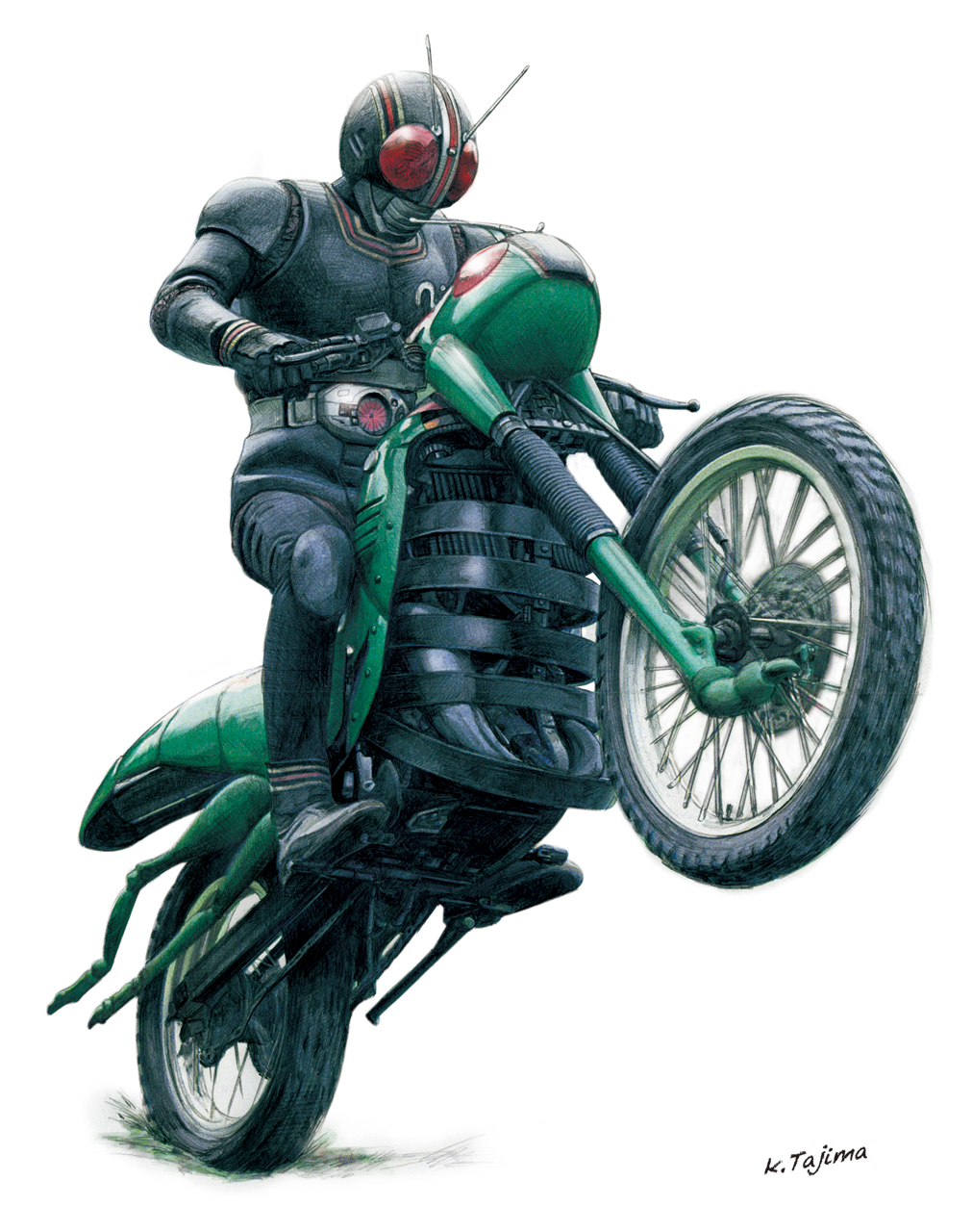 1boy, acrobatics, antennae, armor, artist_name, battle_hopper, black_armor, black_mask, commentary, compound_eyes, dias_(tajima_kouki), driver_(kamen_rider), full_body, highres, kamen_rider, kamen_rider_black, kamen_rider_black_(series), kingstone_driver, motor_vehicle, motorcycle, on_motorcycle, red_eyes, rider_belt, simple_background, v-fin, white_background