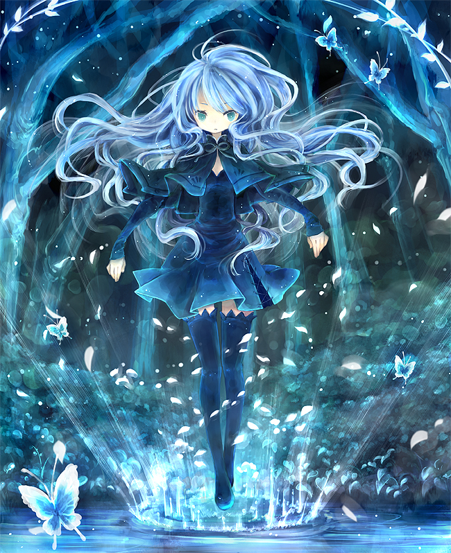 blue_hair, butterfly, cloak, dress, forest, himehi, legs, long_hair