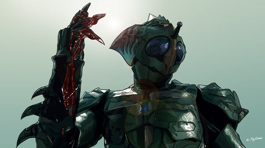 1boy, artist_name, claws, colored_skin, commentary_request, compound_eyes, dias_(tajima_kouki), fins, grey_background, grey_skin, hand_up, head_fins, highres, kamen_rider, kamen_rider_amazon_sigma, kamen_rider_amazons, monster, partial_commentary, simple_background, solo, tokusatsu, upper_body, violet_eyes