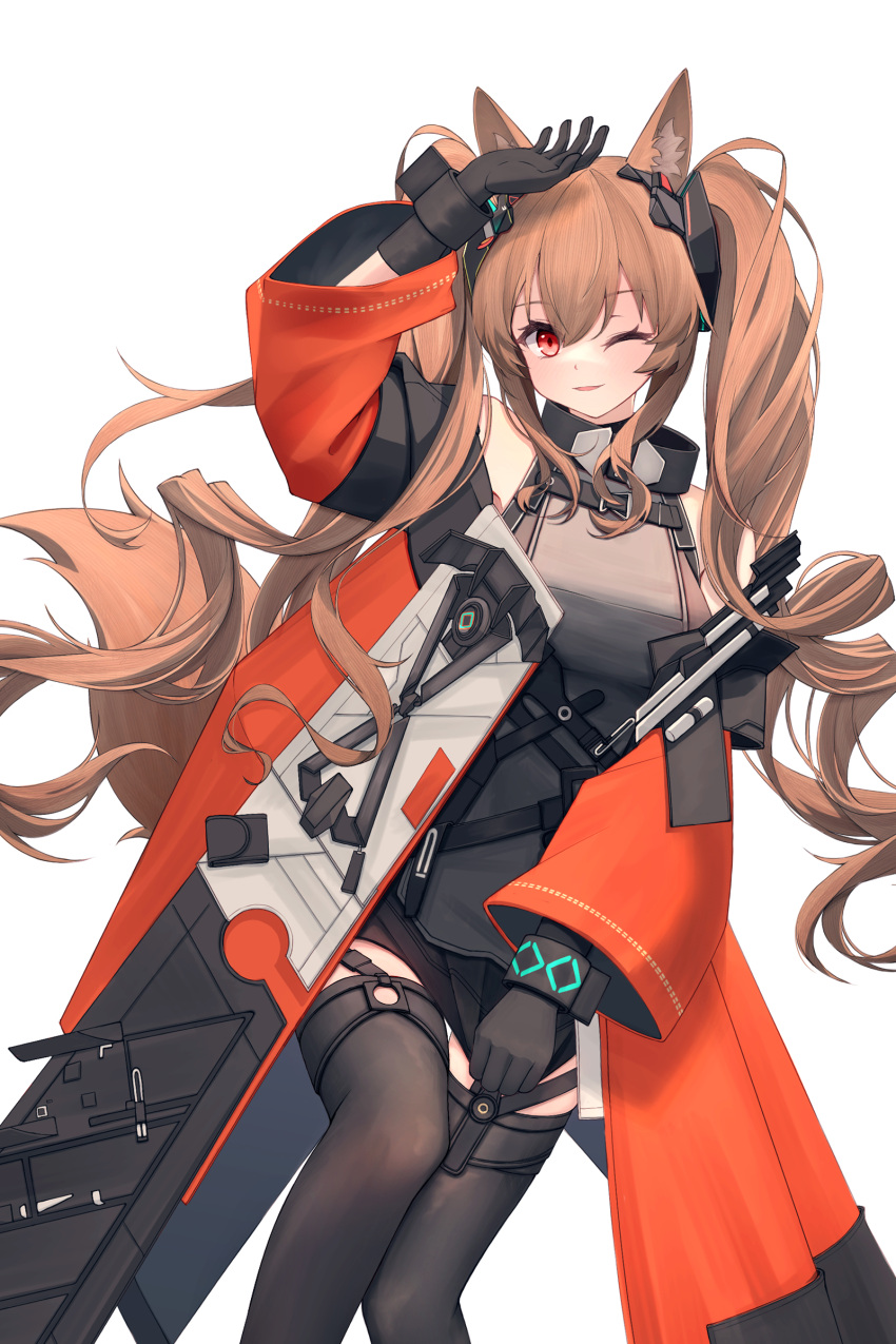 1girl, absurdres, angelina_(endfield)_(arknights), animal_ears, arknights, arknights:_endfield, arm_up, black_gloves, black_shorts, black_thighhighs, coat, feet_out_of_frame, fox_ears, fox_girl, fox_tail, gloves, grey_shirt, hair_between_eyes, hair_ornament, highres, long_hair, long_sleeves, looking_at_viewer, lxjun_09, one_eye_closed, orange_coat, shirt, shorts, sidelocks, simple_background, smile, solo, tail, thigh-highs, twintails, very_long_hair, white_background