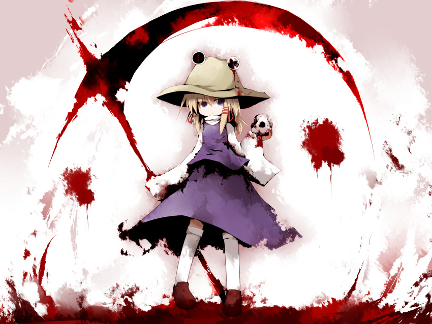 bad_id, blonde_hair, blood, bloodstain, hat, highres, moriya_suwako, poppuru, purple_eyes, scythe, skull, touhou, weapon