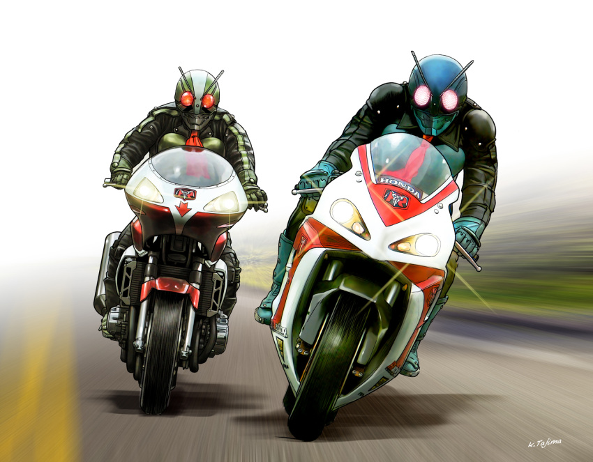 2boys, antennae, armored_bodysuit, artist_name, blue_mask, commentary_request, compound_eyes, cyclone_(kamen_rider)