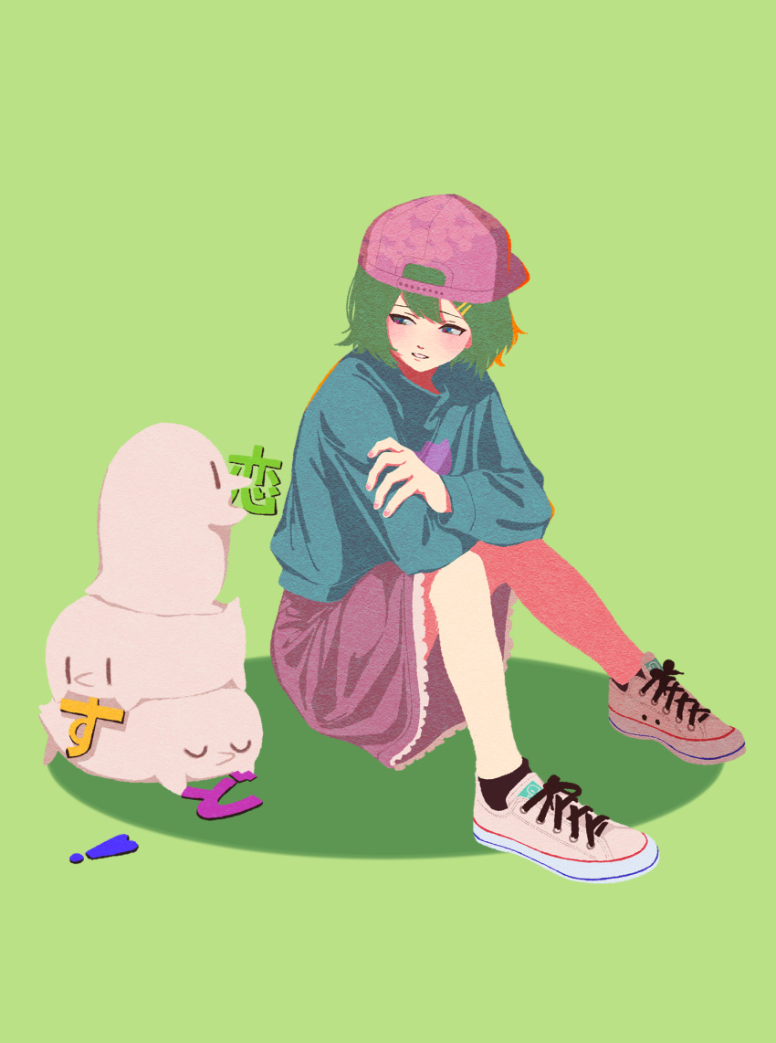 1girl, amano_yae, animal_tower, arms_on_knees, backwards_hat, baseball_cap, bird, black_socks, blue_sweater, blush, brown_footwear, commentary_request, copyright_name, crossed_arms, dosukoi!_(napoli_no_otokotachi), full_body, green_background, green_eyes, green_hair, hair_ornament, hairclip, hat, highres, long_sleeves, looking_at_animal, looking_to_the_side, napoli_no_otokotachi, pink_nails, print_sweater, purple_skirt, shoes, simple_background, sitting, skirt, smile, sneakers, socks, solo, sweater, yoshino_(540desu)