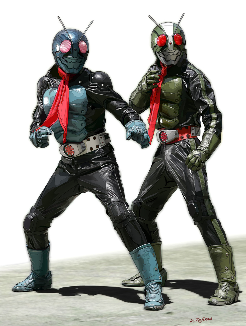 2boys, antennae, aqua_armor, aqua_footwear, aqua_gloves, armor, armored_bodysuit, artist_name