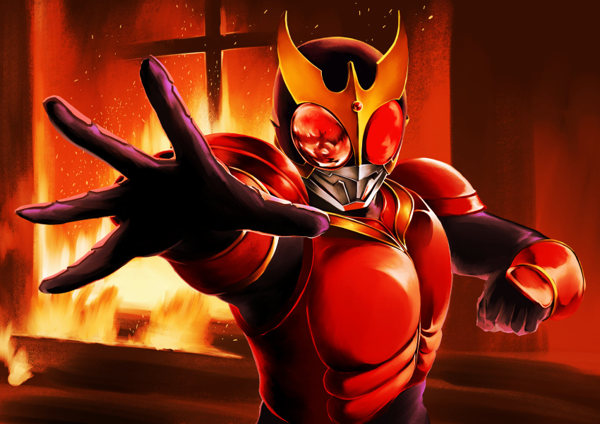 1boy, absurdres, armor, clenched_hand, commentary_request, compound_eyes, facing_viewer, fighting_stance