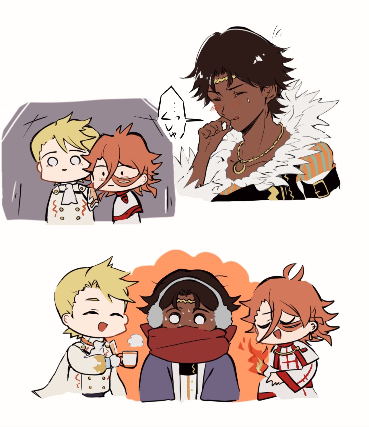 3boys, blonde_hair, brown_hair, bunet_(fire_emblem), chibi, circlet, dark-skinned_male, dark_skin