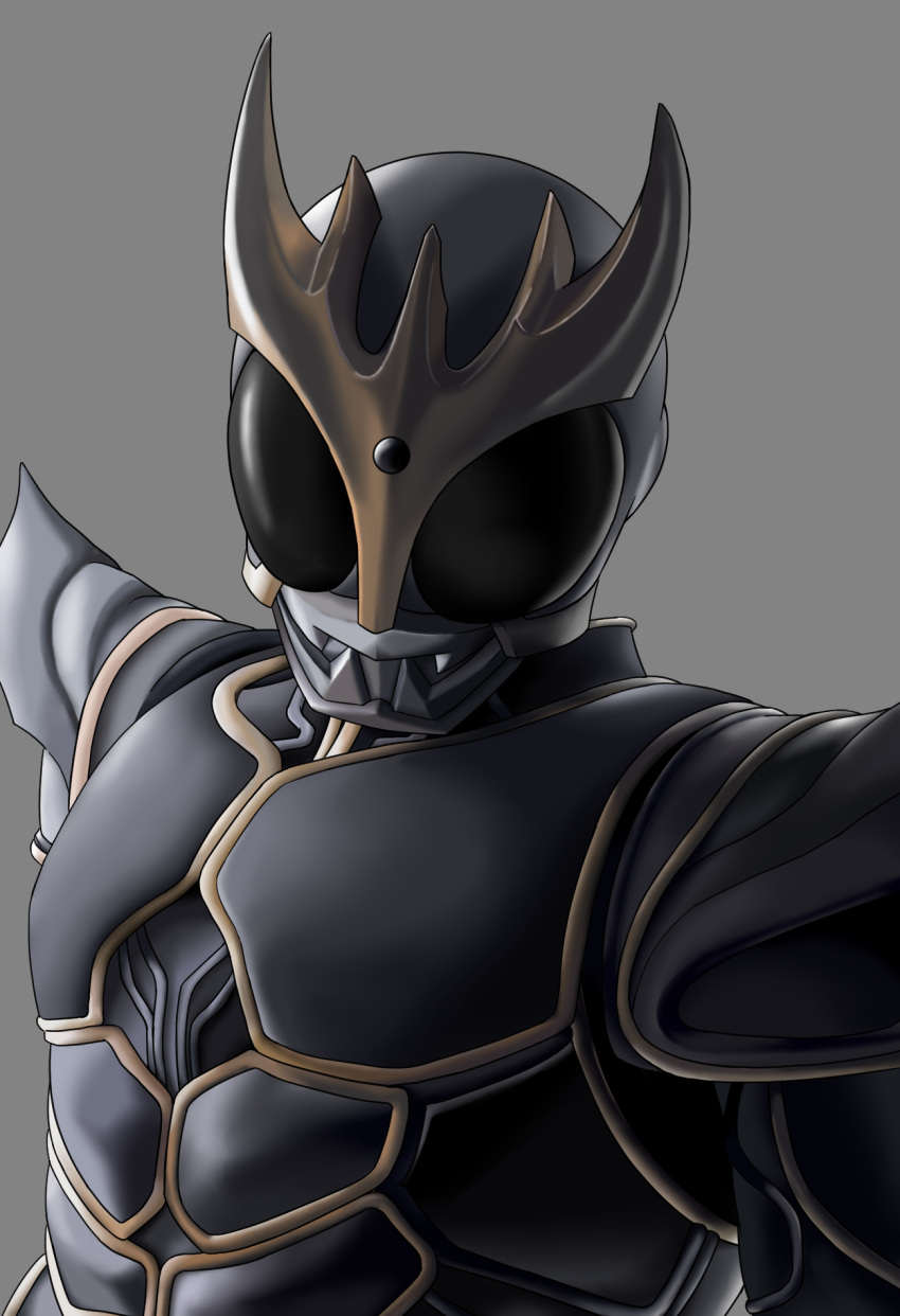 1boy, armor, black_armor, black_eyes, compound_eyes, forehead_jewel, gold_horns, grey_background
