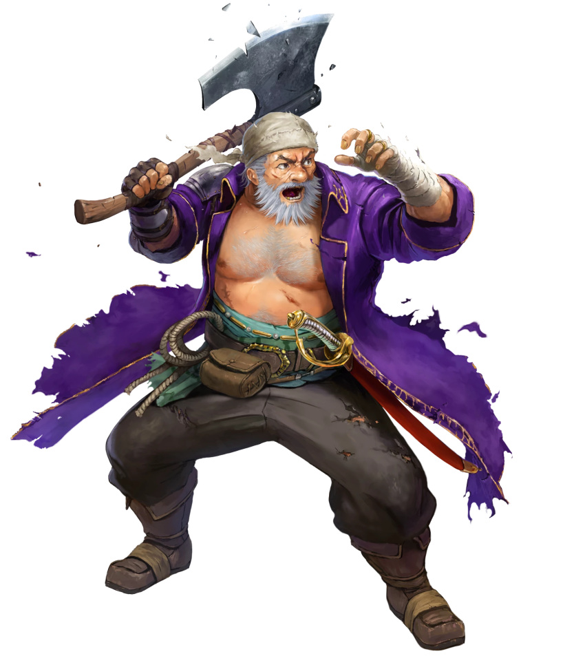 1boy, axe, bandana, beard, brown_footwear, coat, facial_hair, fargus_(fire_emblem), fire_emblem, fire_emblem:_the_blazing_blade, fire_emblem_heroes, highres, holding, holding_axe, no_shirt, non-web_source, official_art, old, old_man, purple_coat, solo