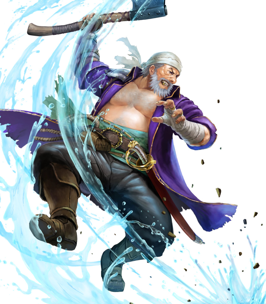 1boy, axe, bandana, beard, brown_footwear, coat, facial_hair, fargus_(fire_emblem), fire_emblem, fire_emblem:_the_blazing_blade, fire_emblem_heroes, highres, holding, holding_axe, no_shirt, non-web_source, official_art, old, old_man, purple_coat, solo, water
