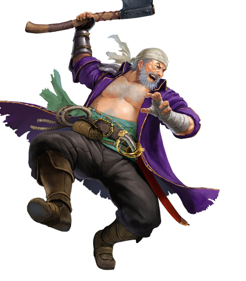1boy, axe, bandana, beard, brown_footwear, coat, facial_hair, fargus_(fire_emblem), fire_emblem, fire_emblem:_the_blazing_blade, fire_emblem_heroes, highres, holding, holding_axe, no_shirt, non-web_source, official_art, old, old_man, purple_coat, solo