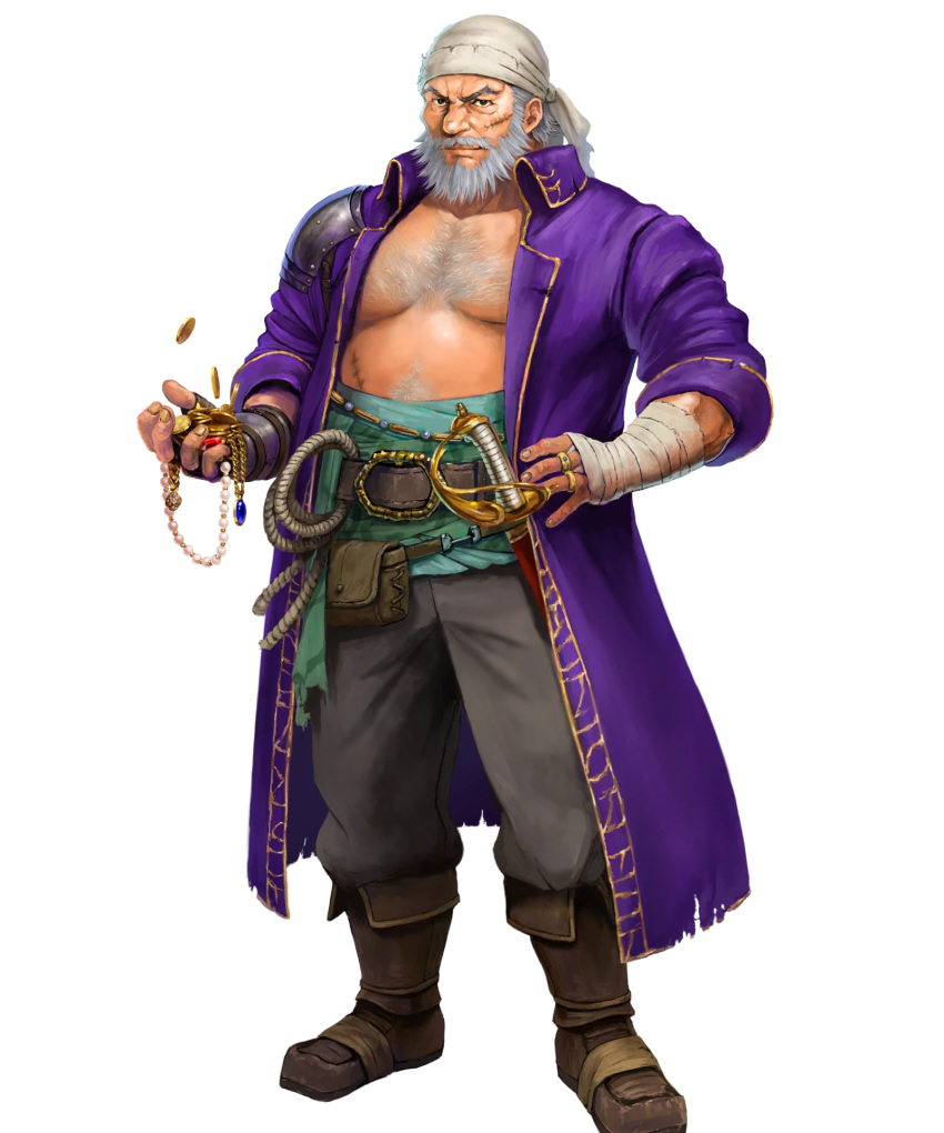 1boy, bandana, beard, brown_footwear, coat, facial_hair, fargus_(fire_emblem), fire_emblem