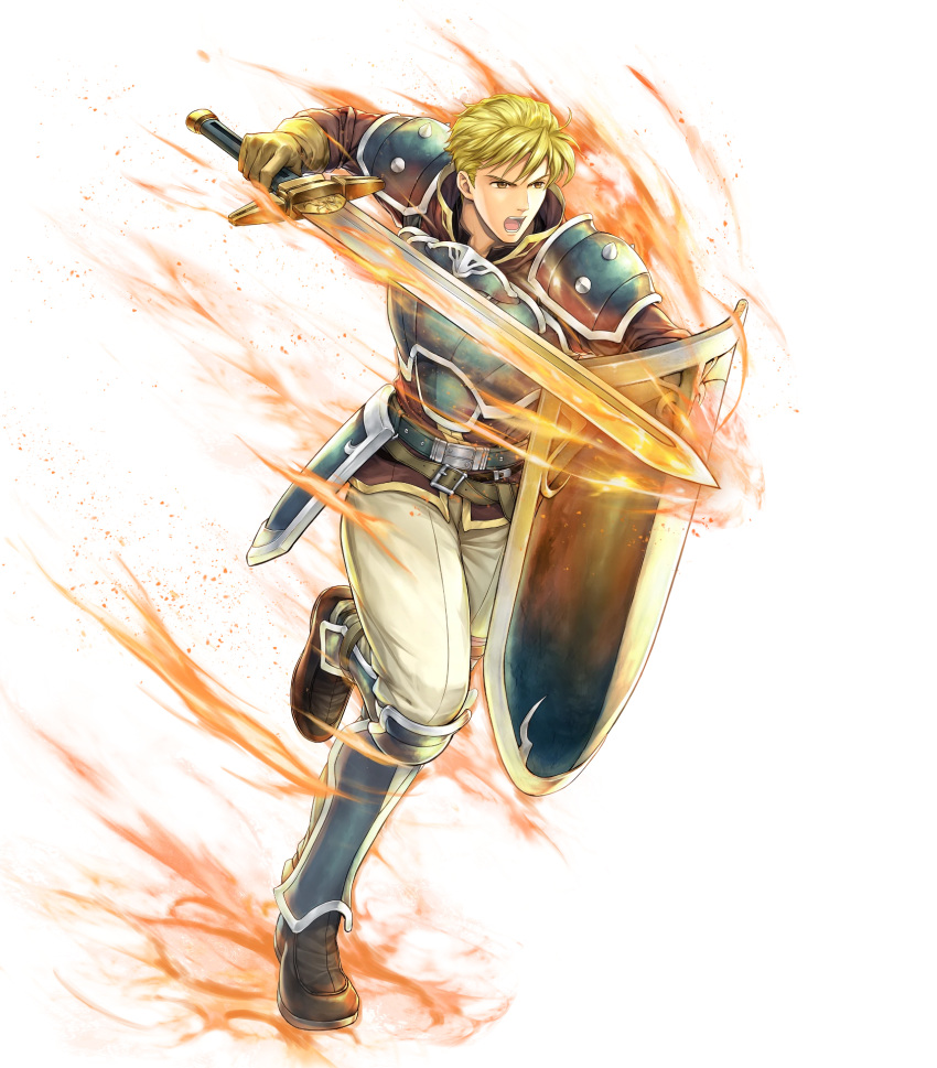 1boy, armor, attack, blonde_hair, brown_footwear, fire_emblem, fire_emblem:_the_blazing_blade, fire_emblem_heroes