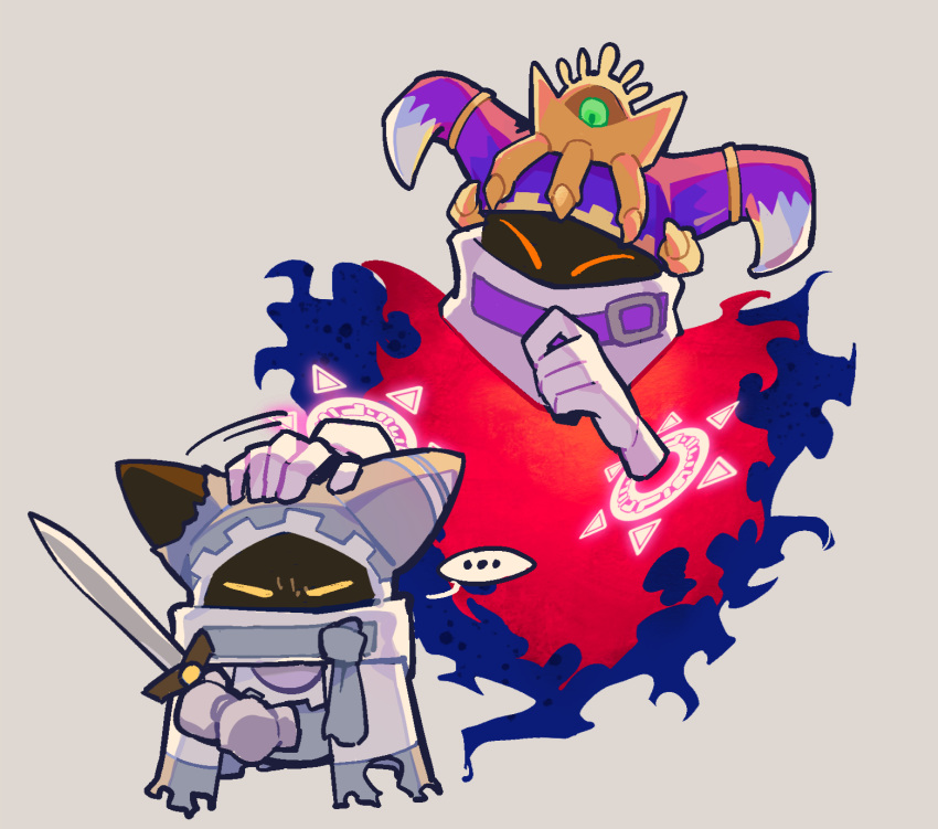 ..., 2boys, aluuuuu721, crown, disembodied_limb, dual_persona, gloves, hand_on_another's_head, highres, holding, holding_sword, holding_weapon, horns, kirby's_return_to_dream_land, kirby's_return_to_dream_land_deluxe, kirby_(series), magolor, magolor_epilogue, male_focus, master_crown, multiple_boys, no_humans, sword, torn_clothes, weapon