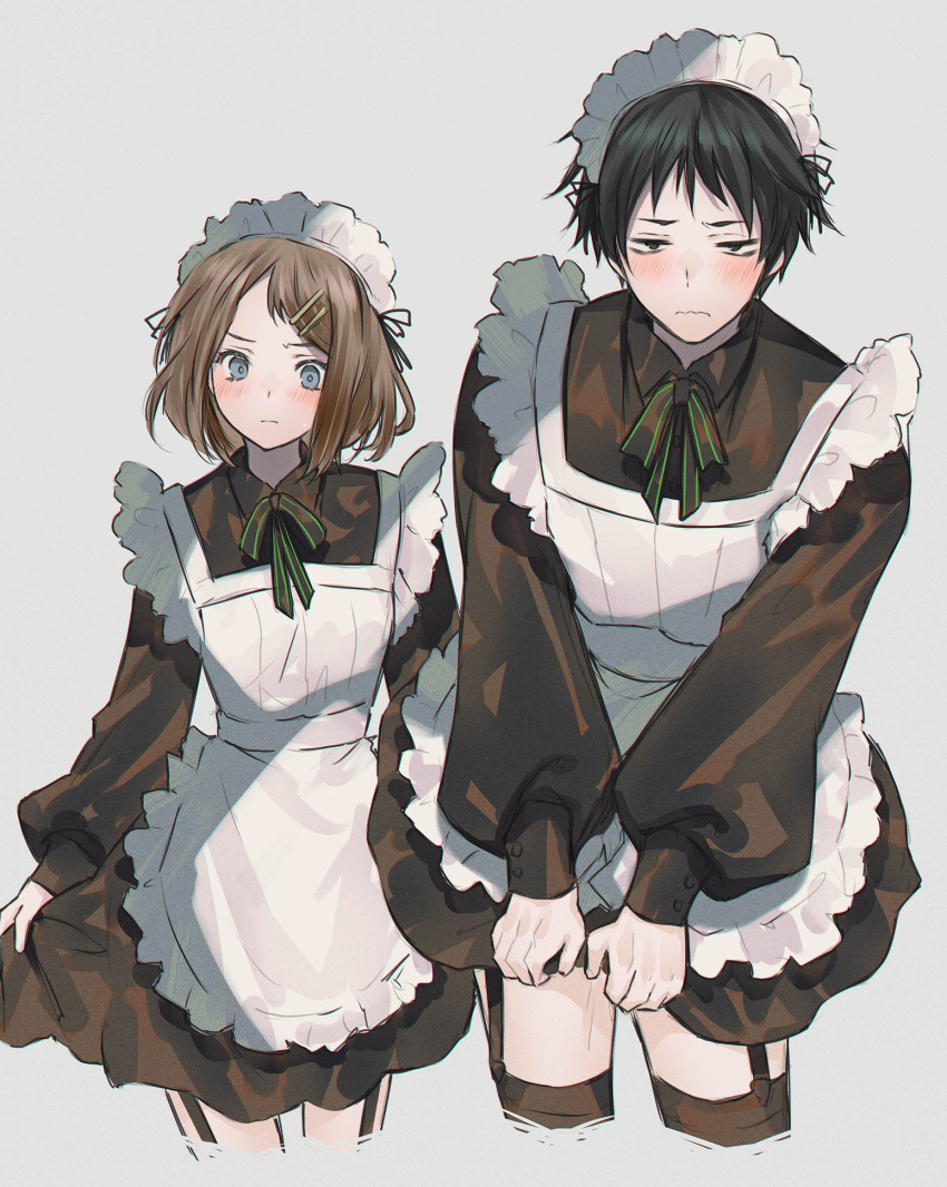 1boy, 1girl, apron, black_bow, black_bowtie, black_dress, black_eyes, black_hair