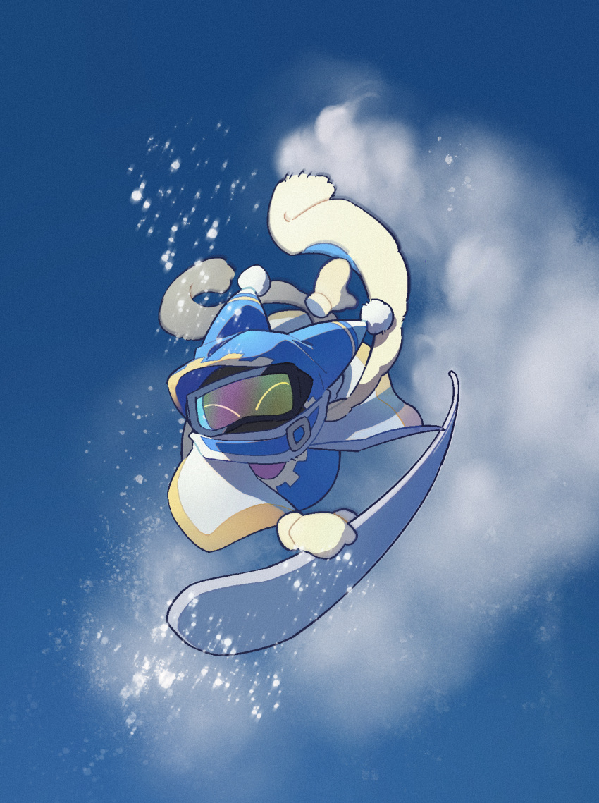 1boy, aluuuuu721, blue_sky, closed_eyes, commentary_request, disembodied_limb, gloves, goggles