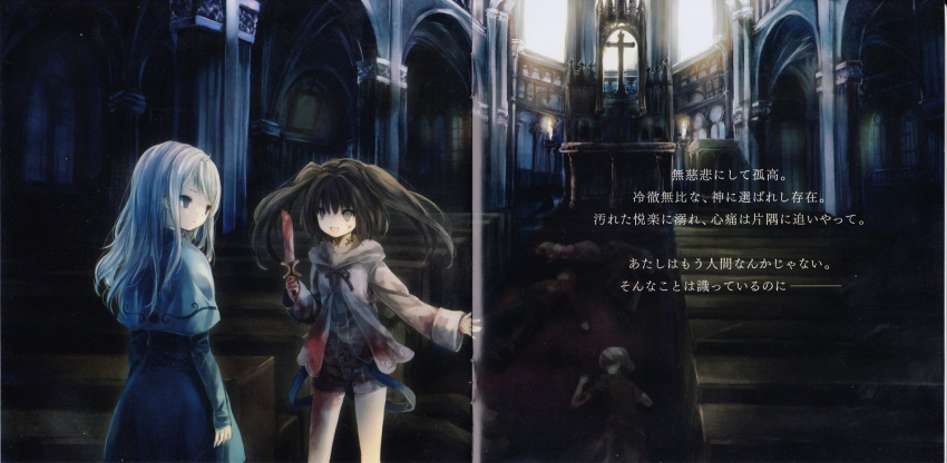 black_hair, blood, blue_eyes, blue_hair, church, dress, grey_eyes, highres