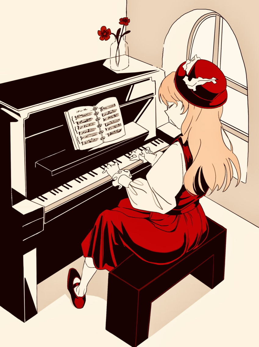 1girl, closed_eyes, flower, full_body, highres, indoors, instrument, jacket_girl_(dipp)
