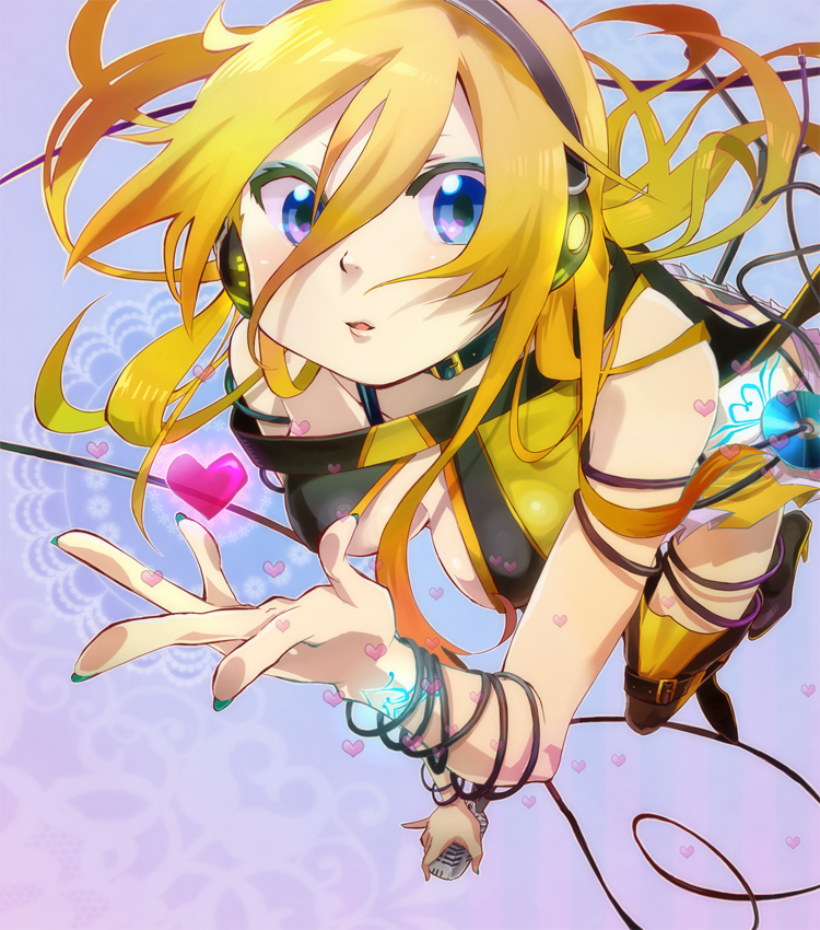 blue_eyes, boots, breasts, cable, cd, collar, headphones, heart, lily_(vocaloid), maguro, microphone, skirt, solo, thigh-highs, thigh_boots, thighhighs, vocaloid