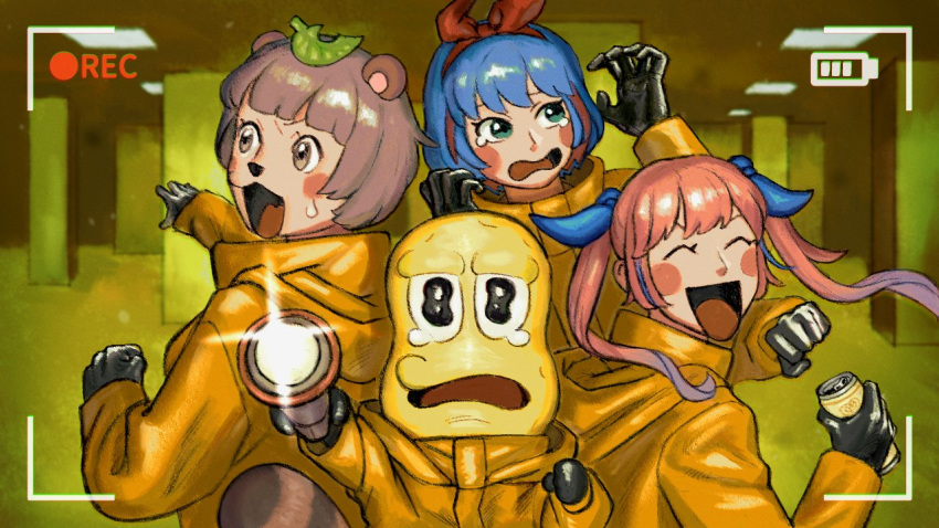 1boy, 3girls, :3, ^_^, animal_ears, animal_nose, backrooms_(creepypasta), bald, battery_indicator, black_eyes, blue_bow, blue_eyes, blue_hair, blush_stickers, bob_cut, bow, can, ceiling_light, closed_eyes, coat, flashlight, floating_hair, fluorescent_lamp, gradient_hair, grey_eyes, grey_hair, hair_bow, hairband, hands_up, high_collar, holding, holding_can, holding_flashlight, hood, hood_down, hooded_coat, indoors, leaf, leaf_on_head, long_hair, long_sleeves, mode_aim, mukudori_yodaka, multicolored_hair, multiple_girls, multiple_hair_bows, omega_rei, omega_rio, omega_sisters, open_mouth, orange_coat, outstretched_arm, parka, peanuts-kun, pink_hair, ponpoko_(vtuber), purple_hair, raccoon_ears, raccoon_girl, recording, red_bow, red_hairband, scared, short_hair, smile, tearing_up, twintails, v-shaped_eyebrows, virtual_youtuber, wavy_eyes