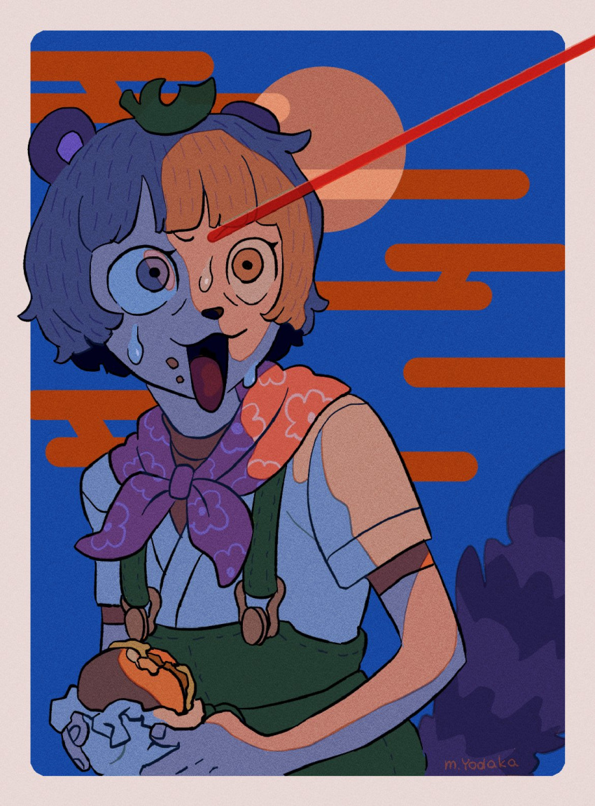 1girl, :3, animal_ears, animal_nose, artist_name, bandana_around_neck, blue_background, blunt_bangs