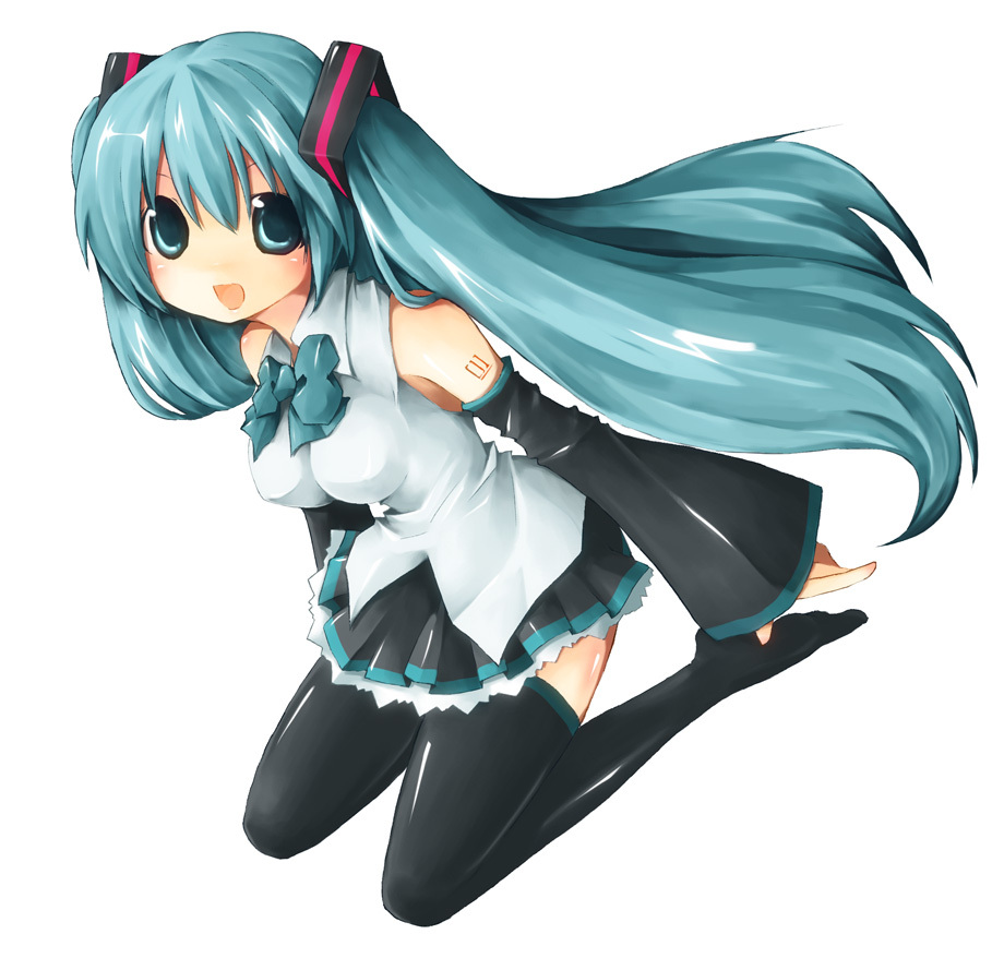 akina_rei, aqua_eyes, aqua_hair, detached_sleeves, hatsune_miku, long_hair, necktie, simple_background
