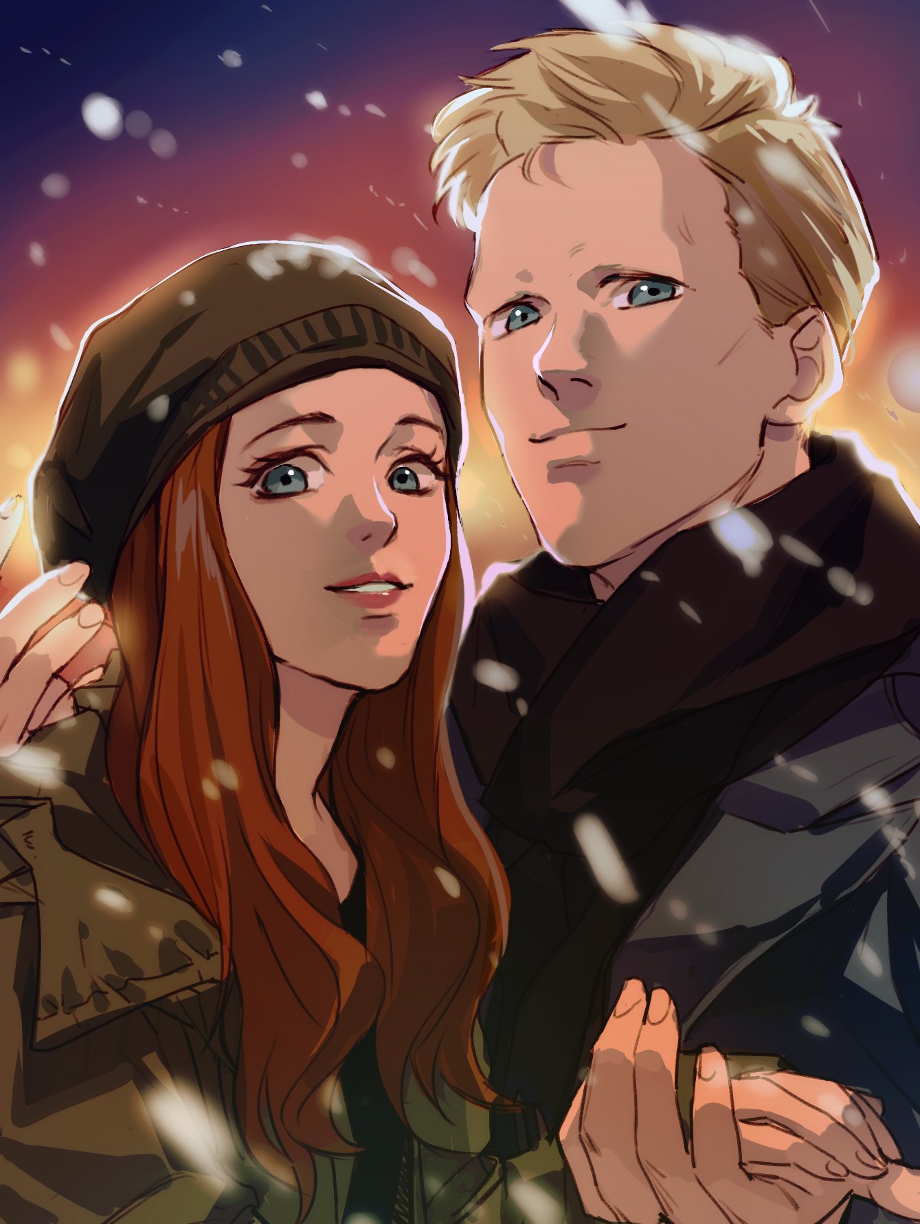 1boy, 1girl, black_headwear, black_scarf, black_shirt, blonde_hair, blue_eyes, brown_coat