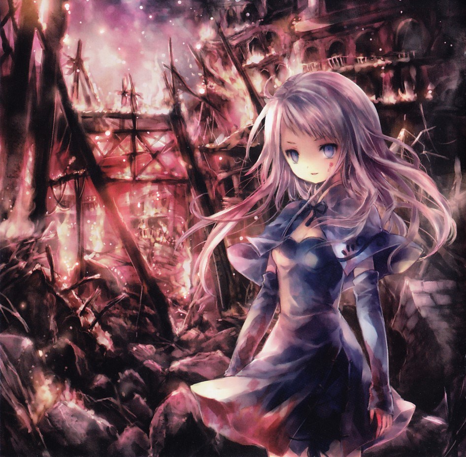 blue_eyes, blue_hair, detached_sleeves, dress, fire, long_hair, onineko, poncho