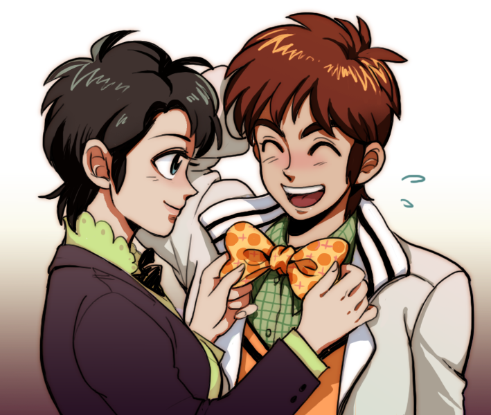 1boy, 1girl, atsuize_pen-chan, black_bow, black_bowtie, black_hair, blue_eyes, blush, bow, bowtie, brown_background, brown_hair, closed_eyes, closed_mouth, commentary_request, flying_sweatdrops, gradient_background, green_shirt, grey_jacket, jacket, long_sleeves, medium_bangs, megumi_(atsuize_pen-chan), open_mouth, orange_bow, orange_bowtie, orange_vest, plaid, plaid_shirt, rakuko, shirt, short_hair, smile, teeth, tongue, tying_bowtie, upper_body, upper_teeth_only, vest, watanabe_yuuichi, white_jacket