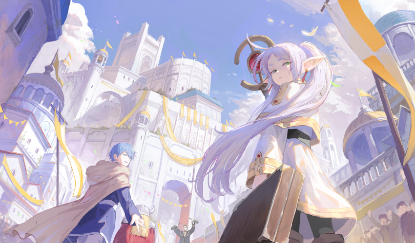 1girl, 3boys, absurdres, beard, black_pantyhose, black_robe, blue_eyes, blue_hair