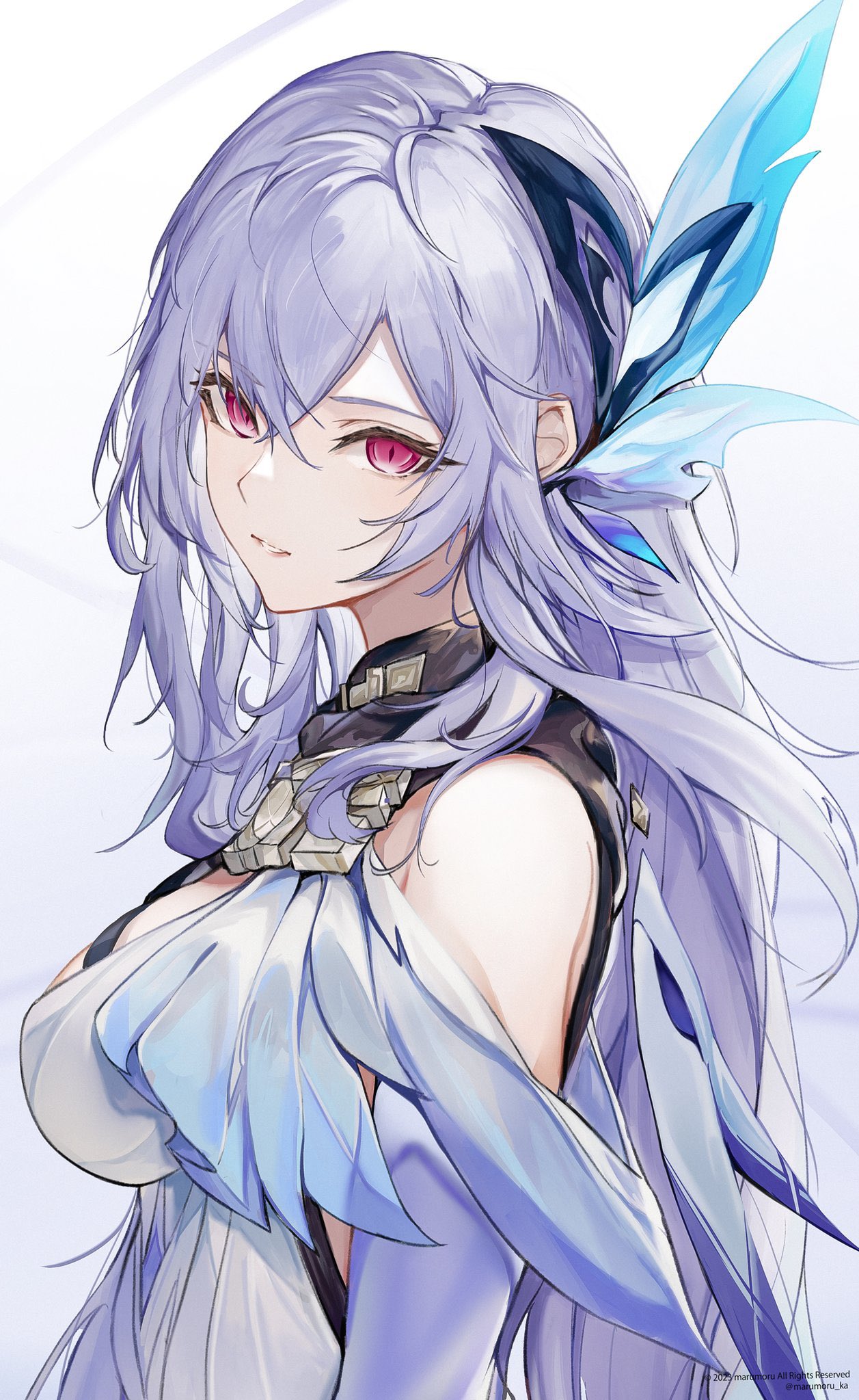 1girl, bare_shoulders, breasts, butterfly_hair_ornament, crossed_bangs, detached_sleeves, dress, genshin_impact, gradient_sleeves, grey_hair, hair_ornament, highres, large_breasts, long_hair, marumoru, parted_lips, pink_eyes, purple_hair, purple_sleeves, skirk_(genshin_impact), slit_pupils, solo, upper_body, white_background