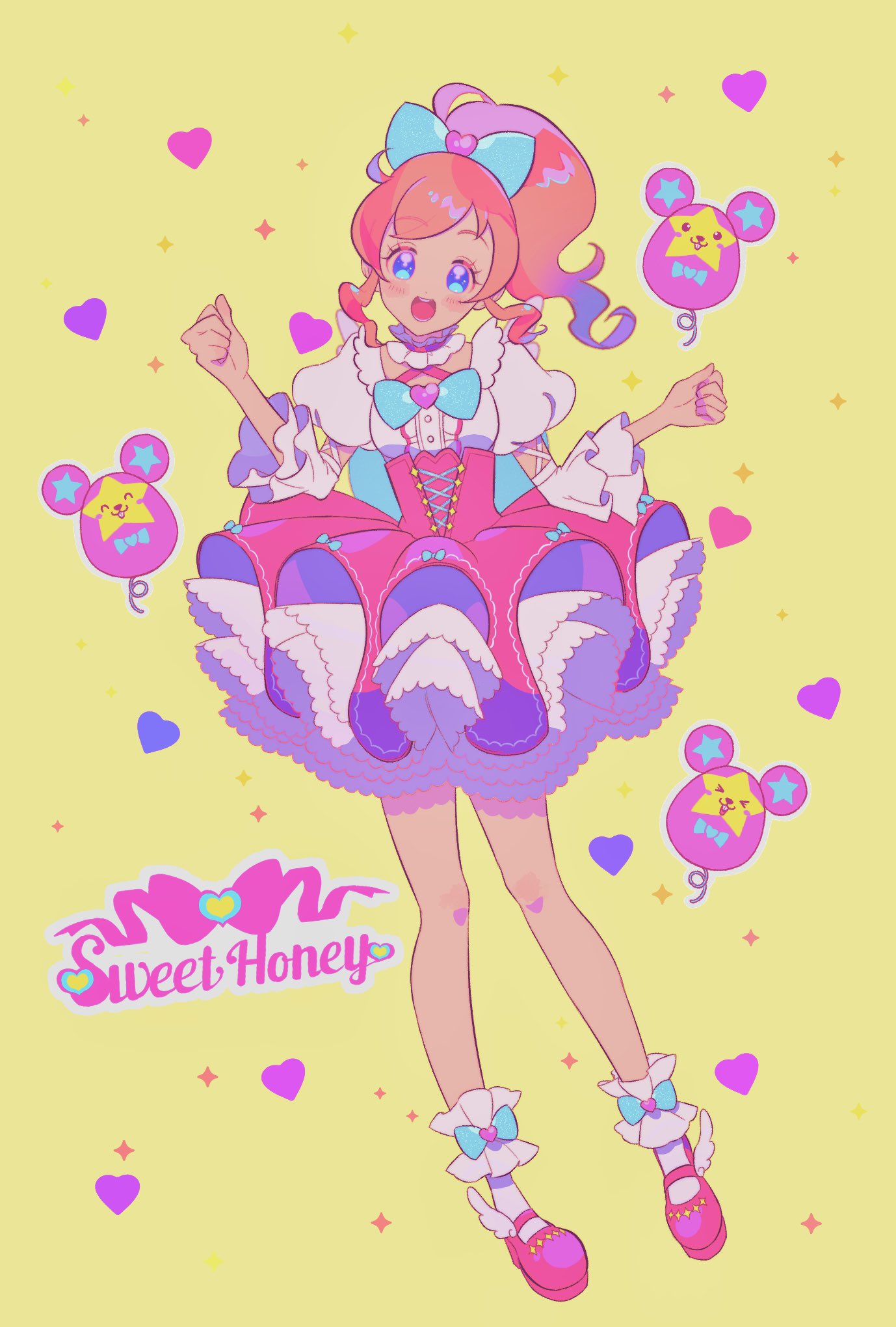 1girl, :d, blue_bow, blue_eyes, blush, bow, breasts, bubble_skirt
