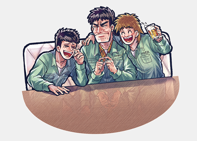 3boys, :d, alcohol, arm_around_shoulder, asai_junichi, beer, black_hair, blonde_hair