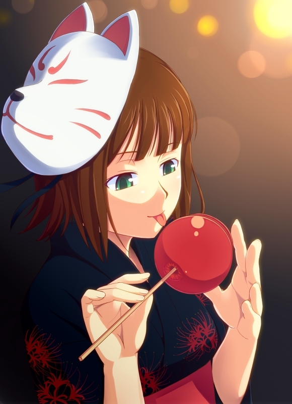 brown_hair, candy_apple, flower, fox_mask, green_eyes, idolmaster, japanese_clothes, kimono