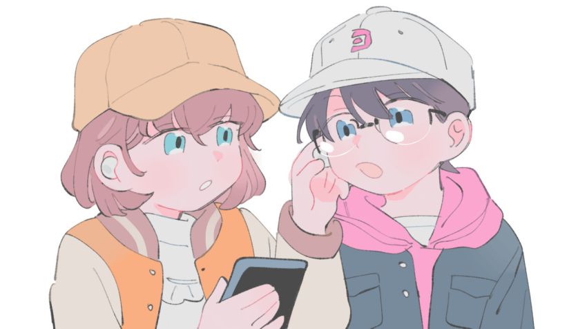 1boy, 1girl, black_jacket, blue_eyes, brown_hair, brown_headwear, cellphone, commentary