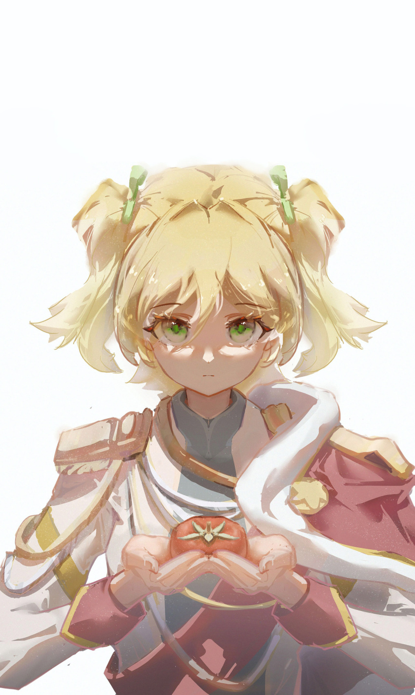 1girl, absurdres, aiguillette, blonde_hair, closed_mouth, commentary, cupping_hands, daiba_nana