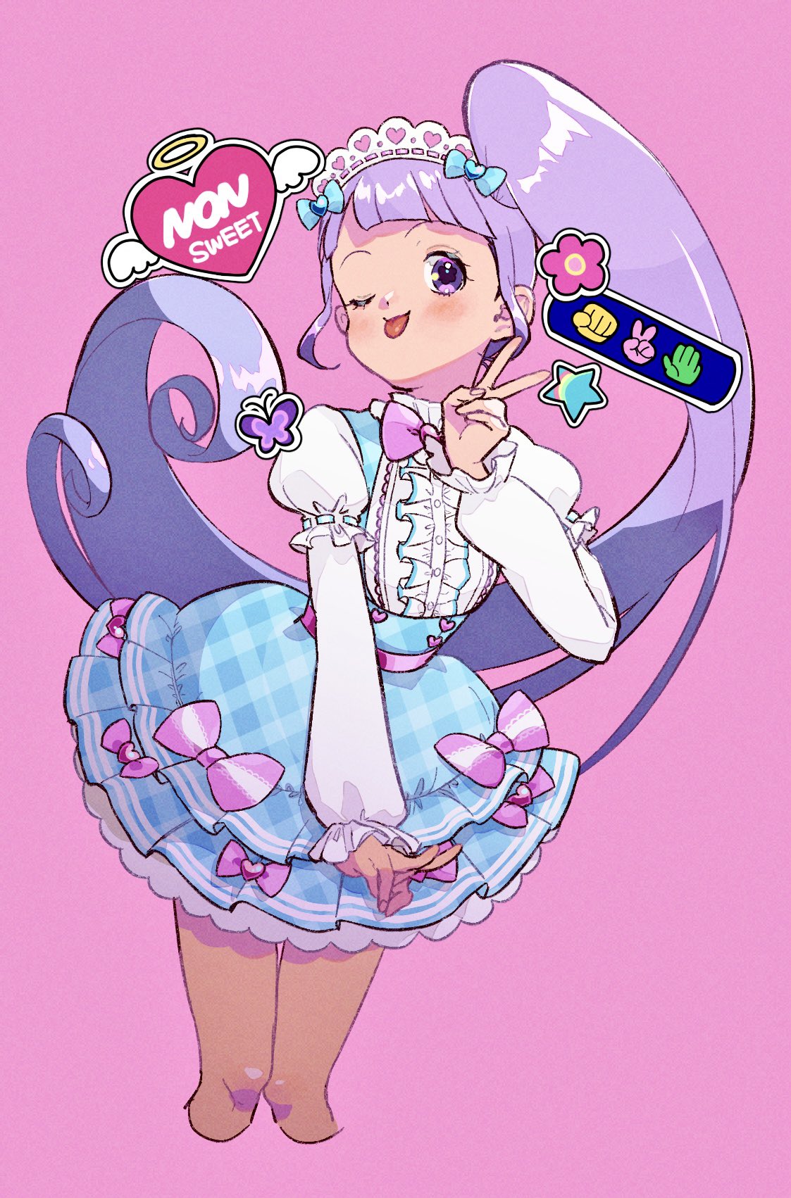 1girl, blue_skirt, blunt_bangs, blush, bow, bug, butterfly, center_frills, commentary_request, cropped_legs, double_v, flower, frilled_skirt, frills, hairband, halo, hand_up, heart, highres, idol_clothes, lolita_hairband, long_hair, long_sleeves, looking_at_viewer, manaka_non, niku_(onikujunjuwa), one_eye_closed, pink_background, pink_bow, pink_flower, plaid, plaid_skirt, pretty_(series), pripara, puffy_long_sleeves, puffy_sleeves, purple_hair, rock_paper_scissors, shirt, side_ponytail, skirt, smile, solo, standing, star_(symbol), tongue, tongue_out, v, very_long_hair, violet_eyes, white_shirt, white_wings, wings, yellow_halo