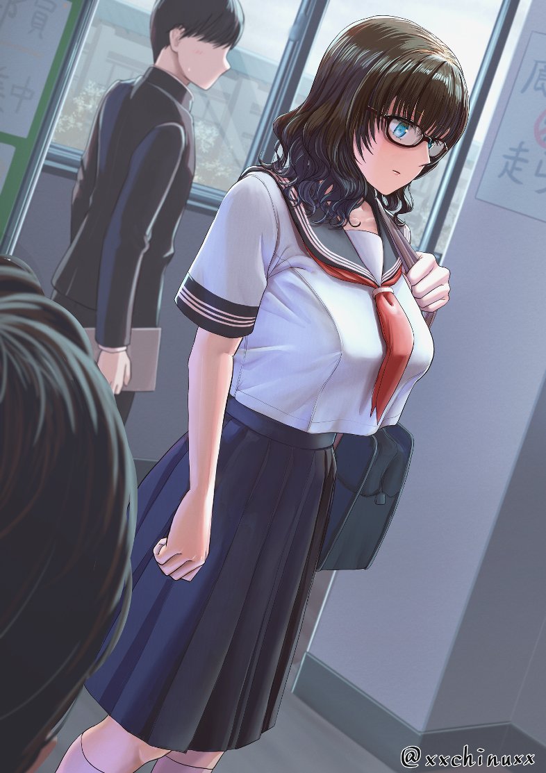 1girl, 2boys, bag, black-framed_eyewear, black_hair, blue_eyes, blue_sailor_collar, blue_skirt, breasts, brown_hair, chinushiroya, dutch_angle, faceless, faceless_male, gakuran, hallway, indoors, large_breasts, long_hair, multiple_boys, neckerchief, original, out_of_frame, pleated_skirt, poster_(object), red_neckerchief, sailor_collar, school, school_bag, school_uniform, serafuku, short_hair, short_sleeves, skirt, translation_request, window
