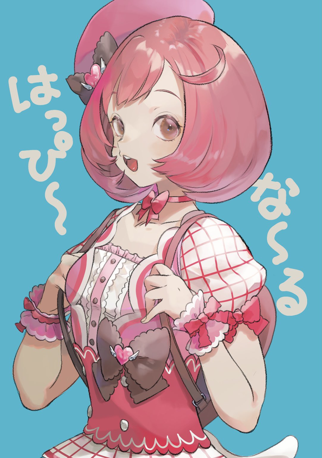 1girl, :d, ayase_naru, beret, blue_background, blush, bow, brown_bag