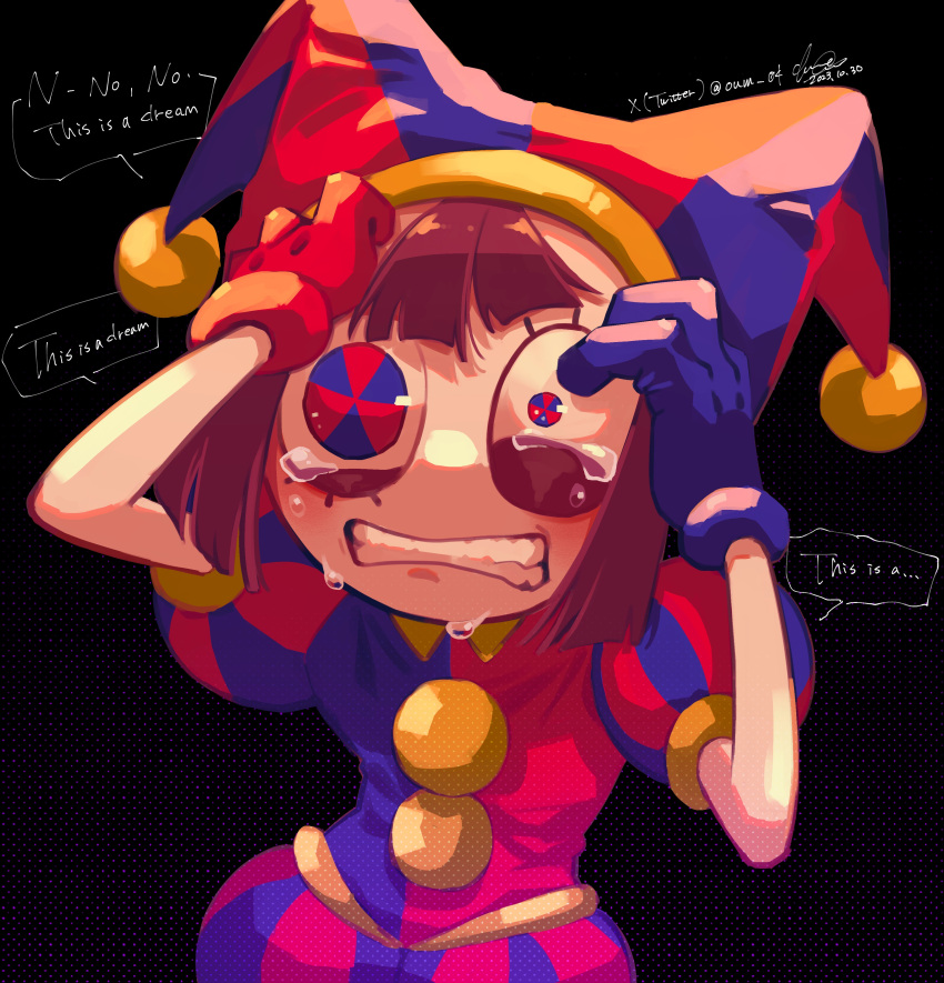 1girl, absurdres, asymmetrical_gloves, blue_eyes, blue_gloves, blue_headwear, blush_stickers, brown_hair, gloves, hat, hat_bell, highres, jester, jester_cap, jester_costume, mismatched_gloves, multicolored_clothes, multicolored_headwear, oum_04, pomni_(the_amazing_digital_circus), puffy_short_sleeves, puffy_sleeves, red_eyes, red_gloves, red_headwear, short_sleeves, striped, striped_headwear, the_amazing_digital_circus, two-tone_eyes, vertical-striped_bodysuit, vertical-striped_headwear, vertical_stripes