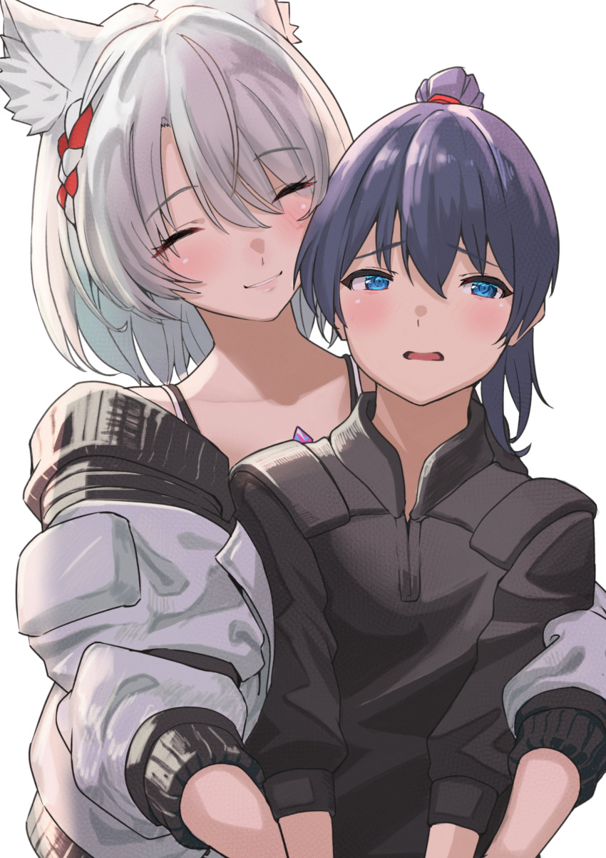 1boy, 1girl, absurdres, aged_down, animal_ears, black_hair, blue_eyes, blush