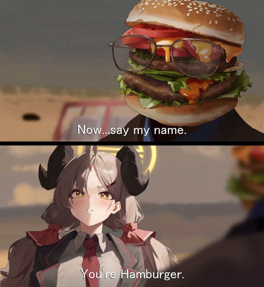 1girl, 1other, absurdres, black_horns, blue_archive, breaking_bad, brown_eyes, burger, collared_shirt, comedy, food, hair_ornament, hairclip, halo, highres, horns, izumi_(blue_archive), light_brown_hair, long_hair, necktie, red_necktie, shirt, toi1et_paper, twintails, walter_white, white_shirt, yellow_halo