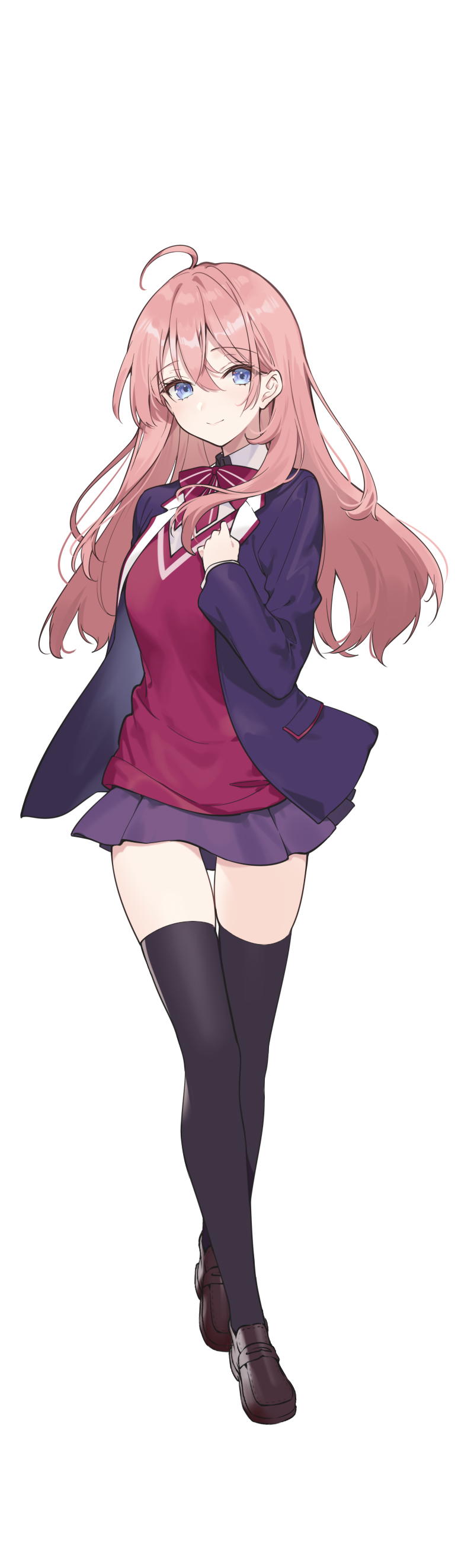 1girl, absurdres, ahoge, arm_behind_back, black_thighhighs, blazer, blue_eyes, bow