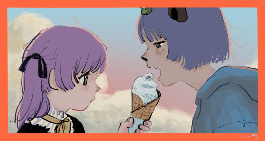2girls, 339_(300yenmade), ahoge, animal_nose, backlighting, blue_hoodie, blue_sky, blunt_ends